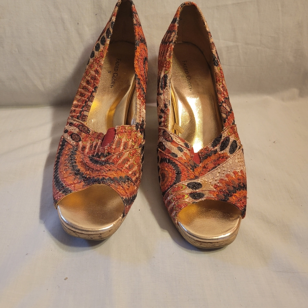 Faded Glory Women Wedges Size 11 Orange Rainbow Open Toe Summertime Fabric